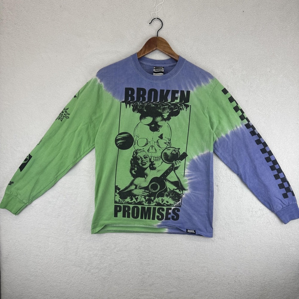 Broken Promises Shirt Mens Medium Green Purple Tie Dye Long Sleeve Graphic Skull